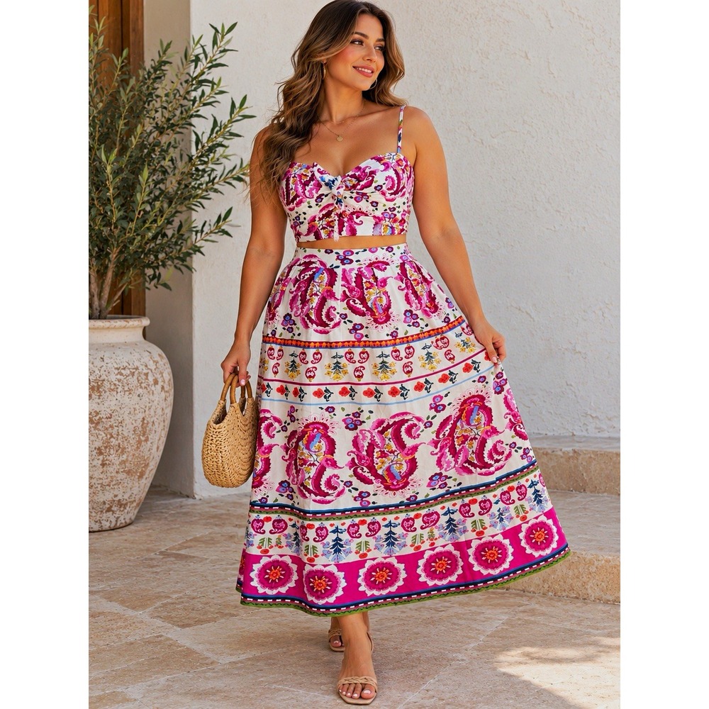 Caroline Constas NWT Paisley Floral Linen Blend 2-Pc Skirt Set L